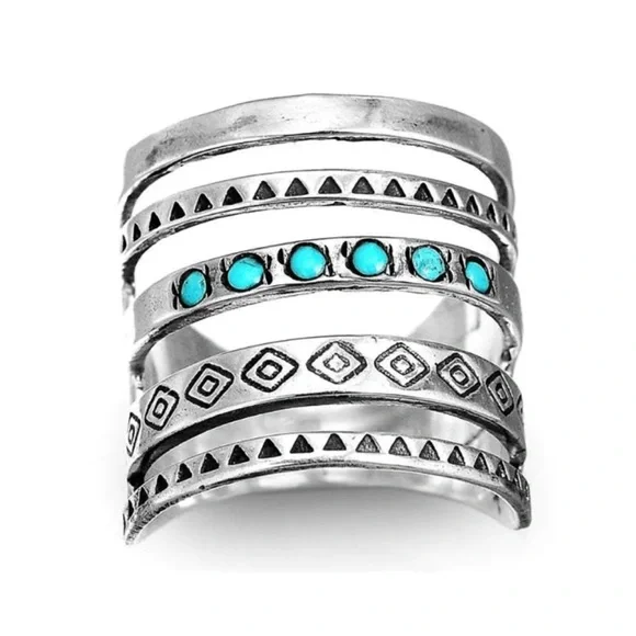 Vintage Wide Ring 925 Silver Plated Inlaid Turquoise Multi Layer Hollow Design - Picture 3 of 6